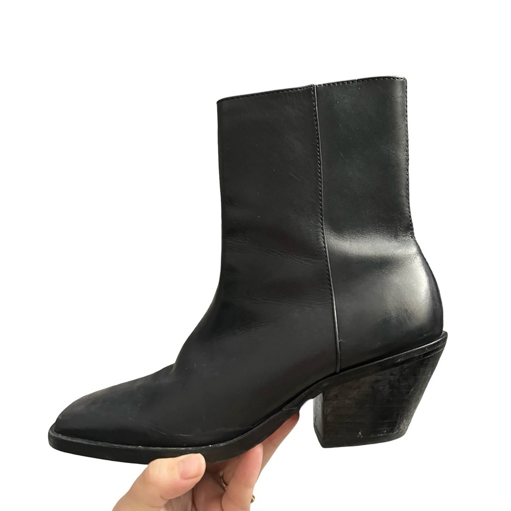 By Anthropologie Square Toe Leather Boots Size 36 Black Made In Brazil Side Zip - Picture 12 of 13
